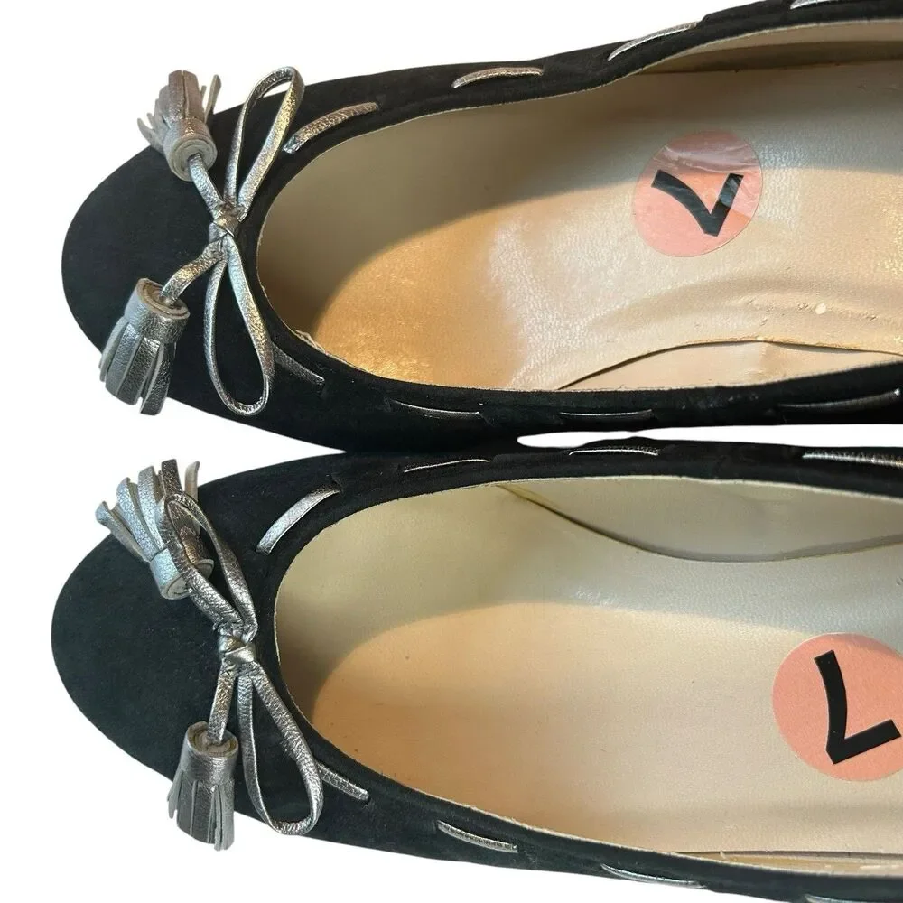 Lauren Ralph Lauren Black Suede Espadrille Wedge Size 7B Cambree Silver Metallic